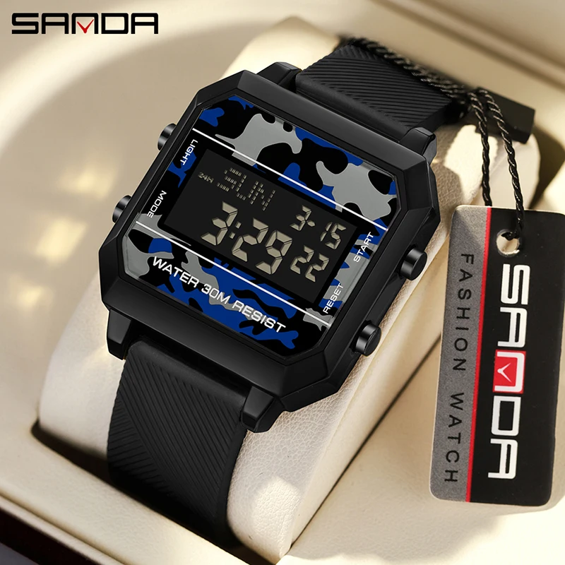 SANDA Watch Square Electronic Watch Multi functional Waterproof Alarm Clock Night Glow Electronic Watch Student Fashion Sports multi functional mirror alarm clock