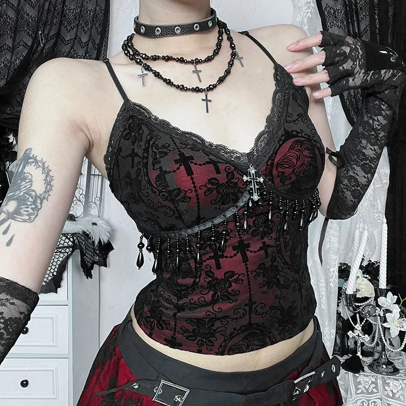 Vintage Mall Gothic Flocking Camisole Women Aesthetic Fairycore Grunge Y2k E-girl Lace Patchwork Beading Crop Tank Tops 1