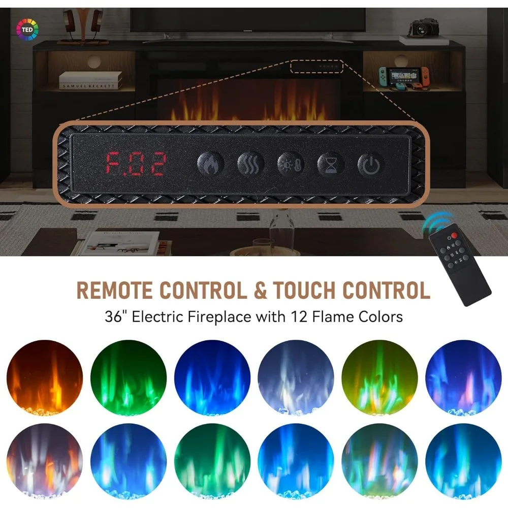 Fireplace TV Cabinet with 36 Inch Electric Fireplace, LED Lights Entertainment Center, 2-story TV Console Bracket 4