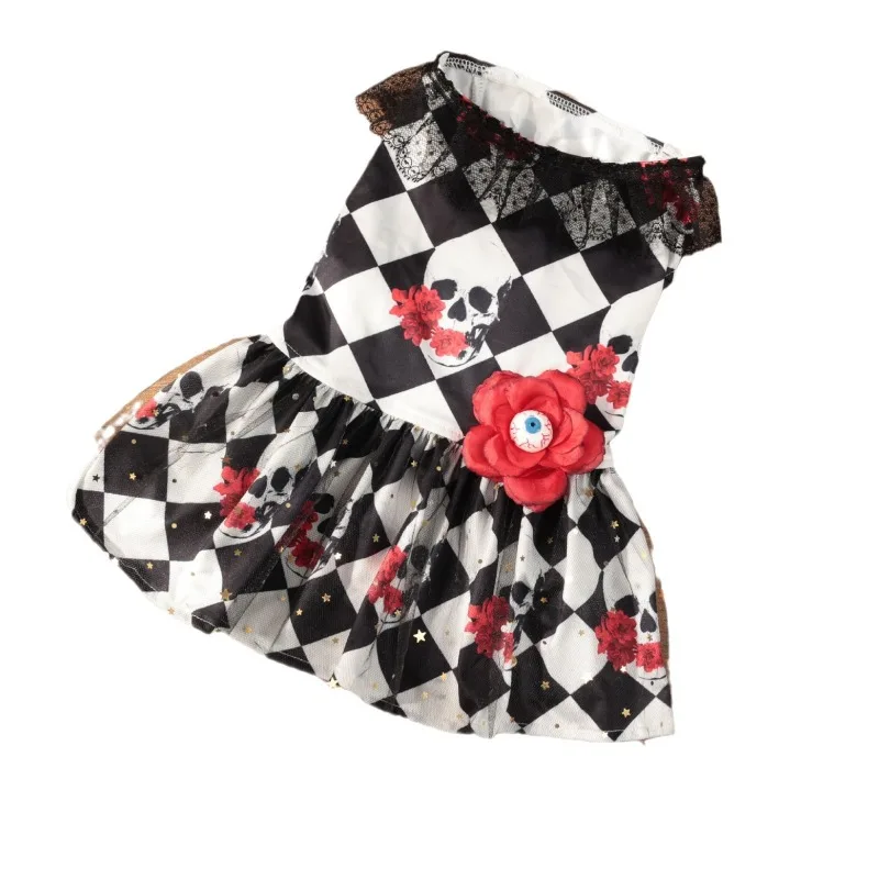 Robe Halloween Damier Noir Et Blanc Squelette Avec Fleurs - 2025 - Vêtement et accessoires pour chiens - Doglovedesign