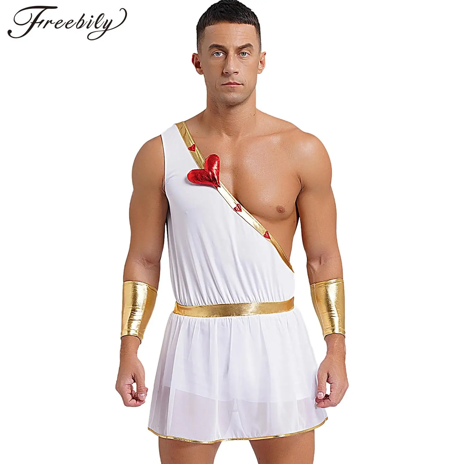 

Men Halloween Cupid Cosplay Costume One Shoulder Jumpsuit with Sleeves Roman God of Love Desire Valentine Dress Up Bodysuit