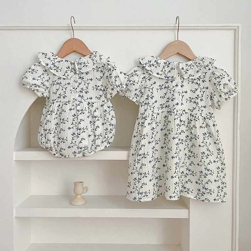 Baby Girls Clothes Summer New Baby Girls Short Sleeve ​Dress Flower Print Baby Romper Princess Dress Kids Matching Sister Outfit 3