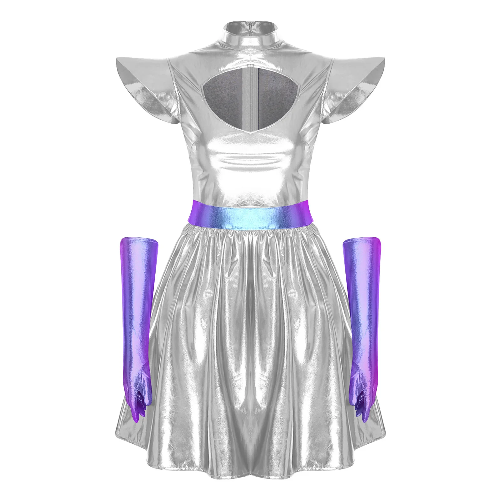 Women's Metallic Astronaut Cosplay Dress with Gloves and Structured Shoulders