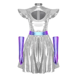 Women's Metallic Astronaut Cosplay Dress with Gloves and Structured Shoulders - 3XL (Silver)