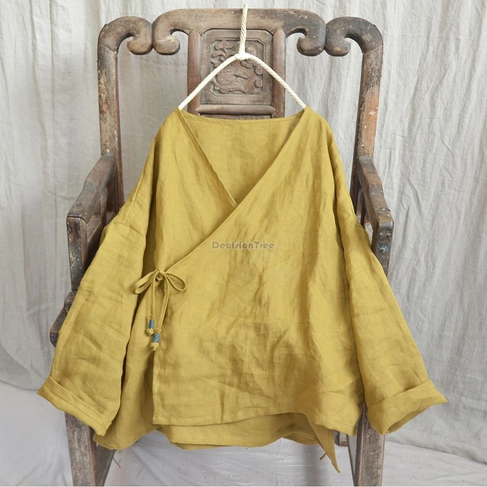 chinese national style v-neck vintage oblique lace-up cotton linen blouse top new women's loose irregular hem design shirt