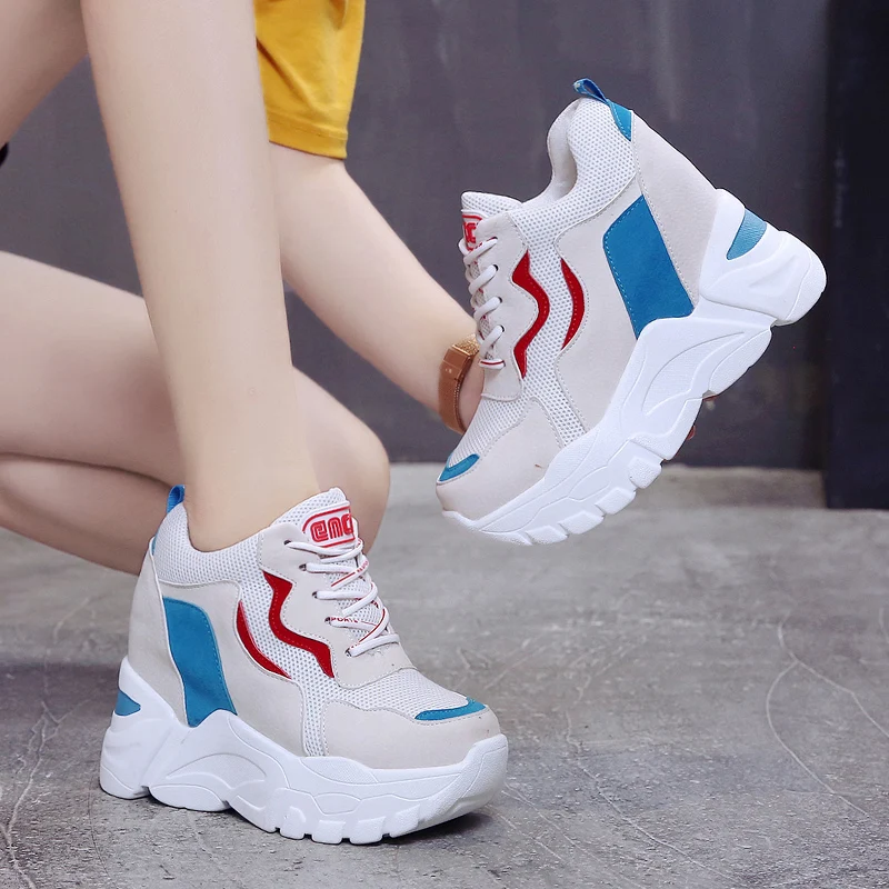 

2023 Women's High Platform Shoes Breathable PU Shoes Women Height Increasi Shoes 9CM Wedges Thick Sole Trainers Ladies Sneakers