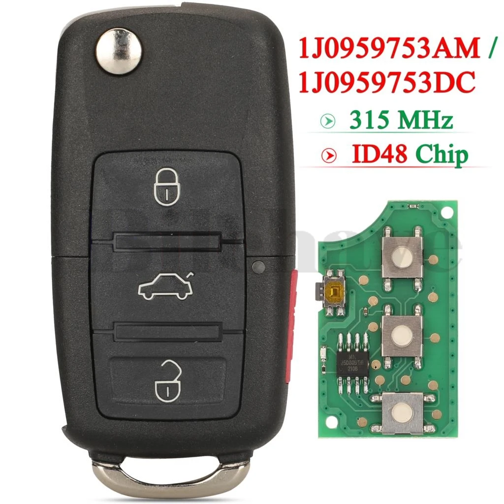 

jingyuqin 4 Buttons 315Mhz ID48 Chip Flip Car Remote Key For VW Volkswagen Beetle Golf Passat Jetta FOB 1J0959753AM 1J0959753DC