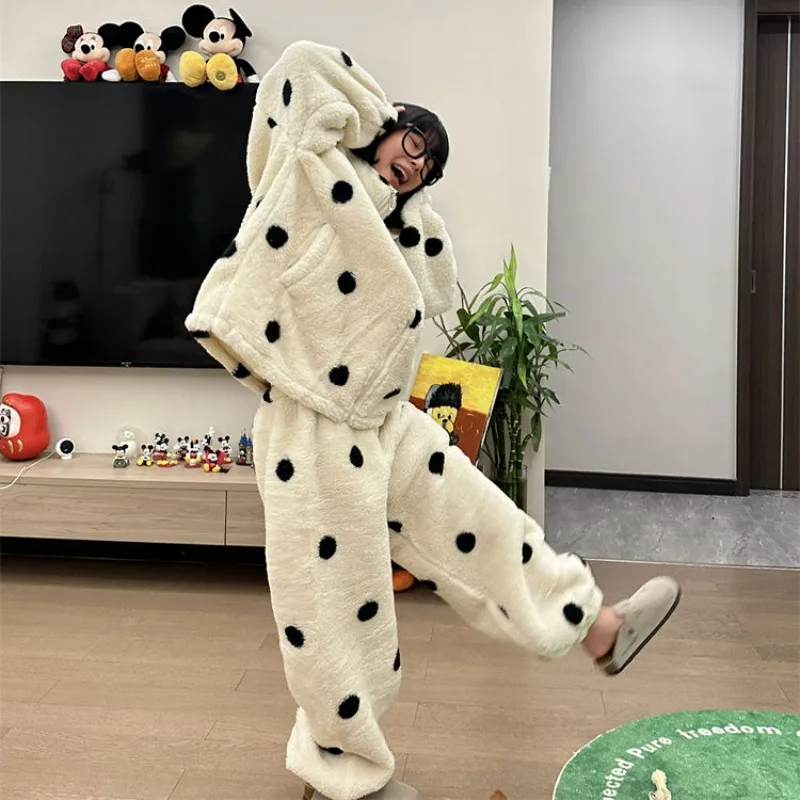 

Женский пижамный комплект в горошек, флисовая одежда для сна из 2 предметов, корейский Костюм, модная зимняя Пижама с карманами, ночная Пижама, Новинка