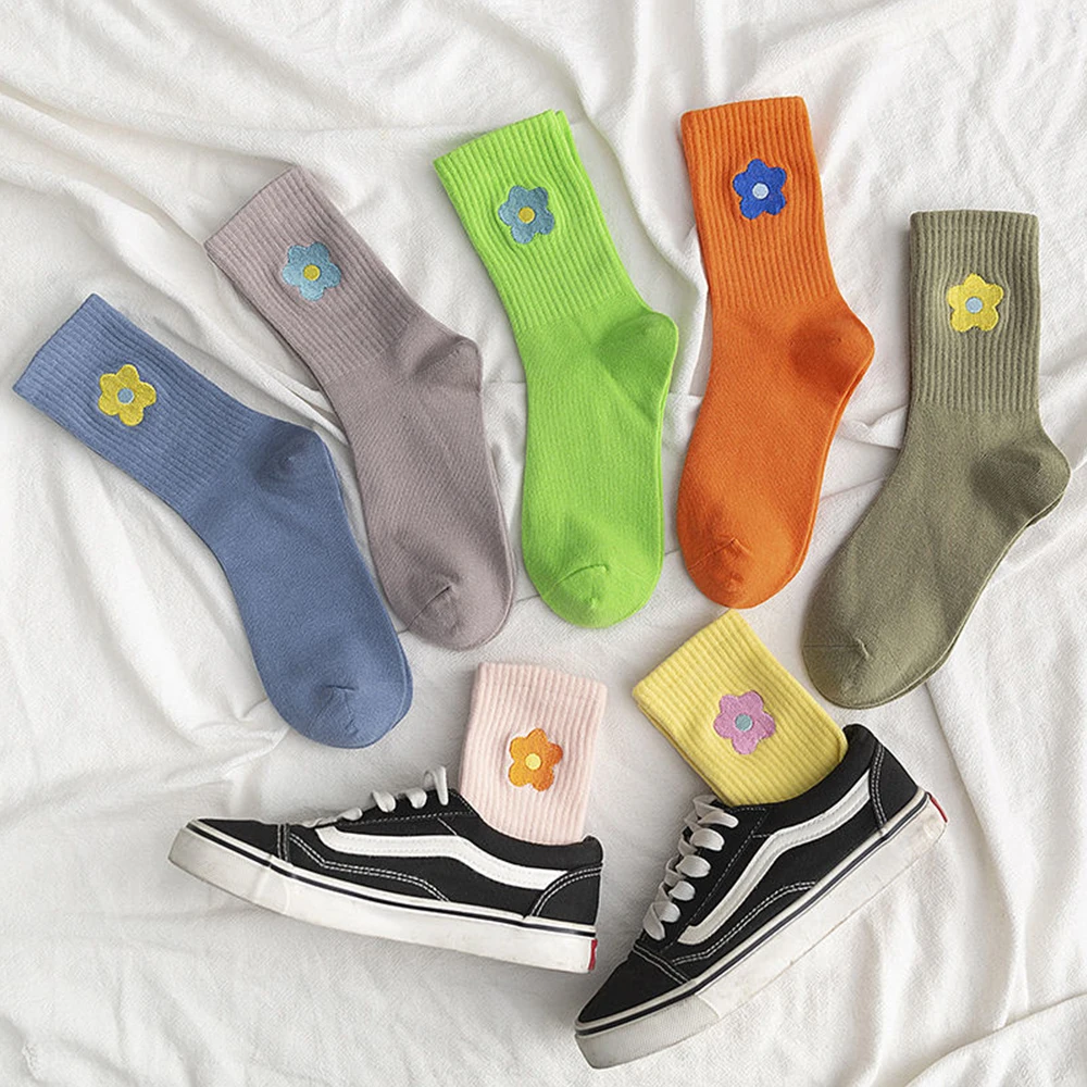 Fashion Candy Color Flower Women Socks 3 Pairs Sports Leisure Cotton Skateboard Socks Trendy Stretch Soft Funny Breathable Sock