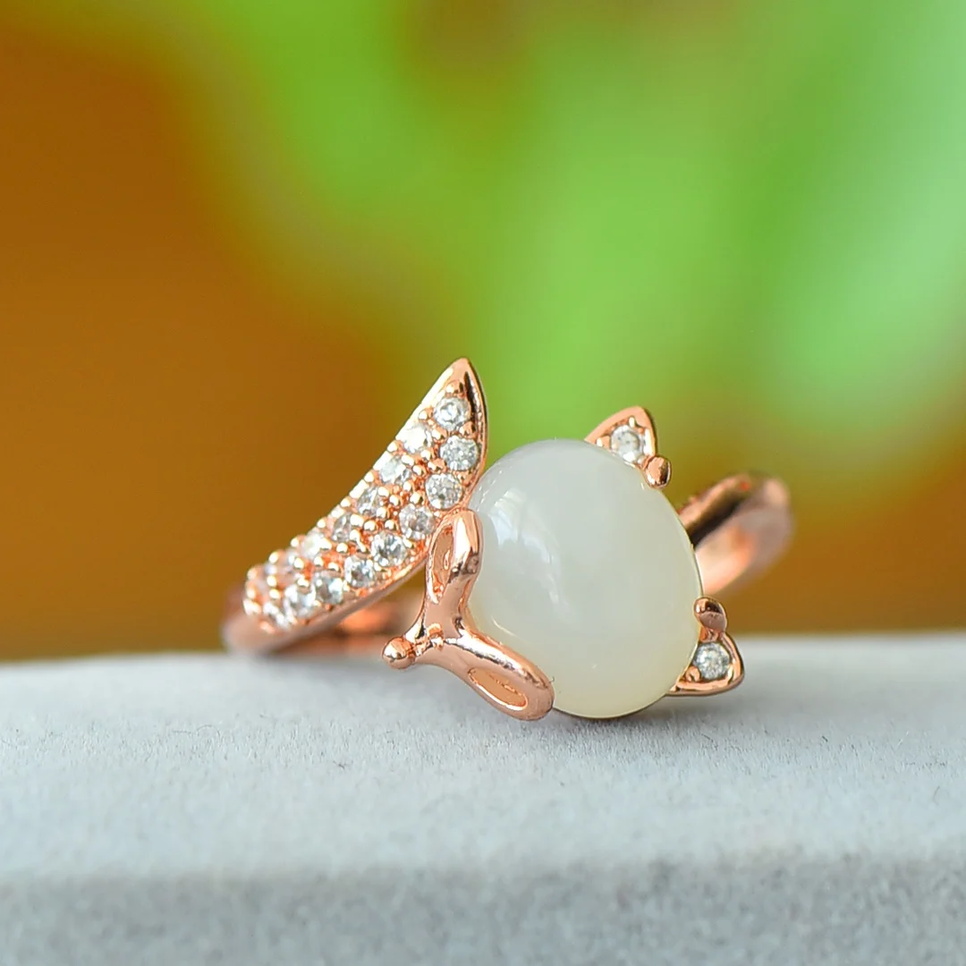 

Djustable Ring Fox Natural Hetian Jade Rhinestone Orbicular White Gemstone Trend Women Copper Jewelry Woman