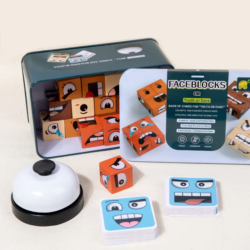 Truth Or Adventure Game Wooden Face Changing Cube Building Blocks Expression Puzzles Toy Montessori Educational Kids Party Games 2