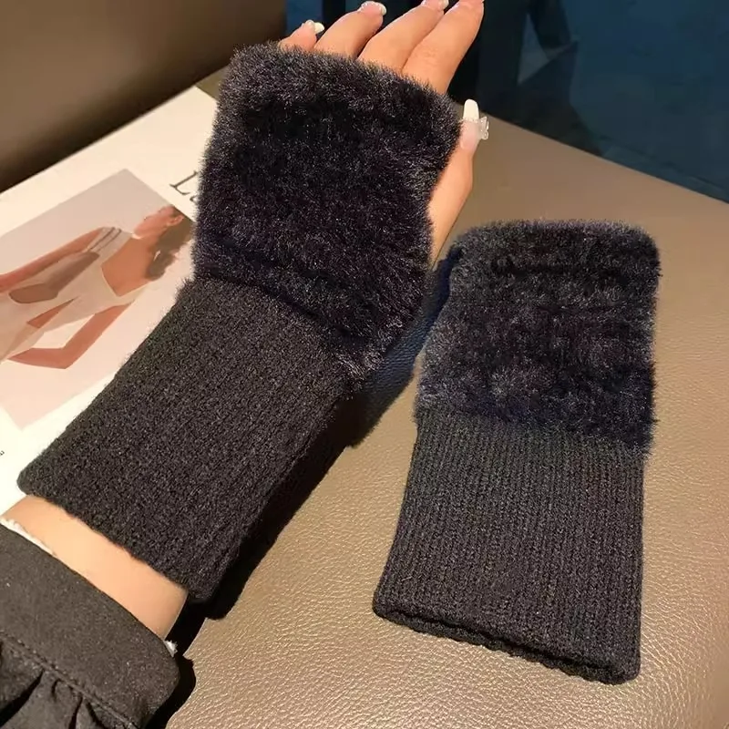 Women's Half Finger Fingerless Warm Gloves Outdoor Stretch Furry Mittens Gifts half finger gloves fingerless gloves warm gloves