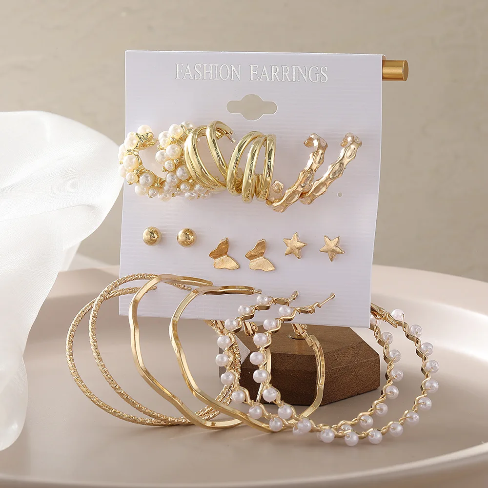 

European and American New Butterfly Pearl Earrings 9-Piece Set Creative Unique Punk Style Earring Set