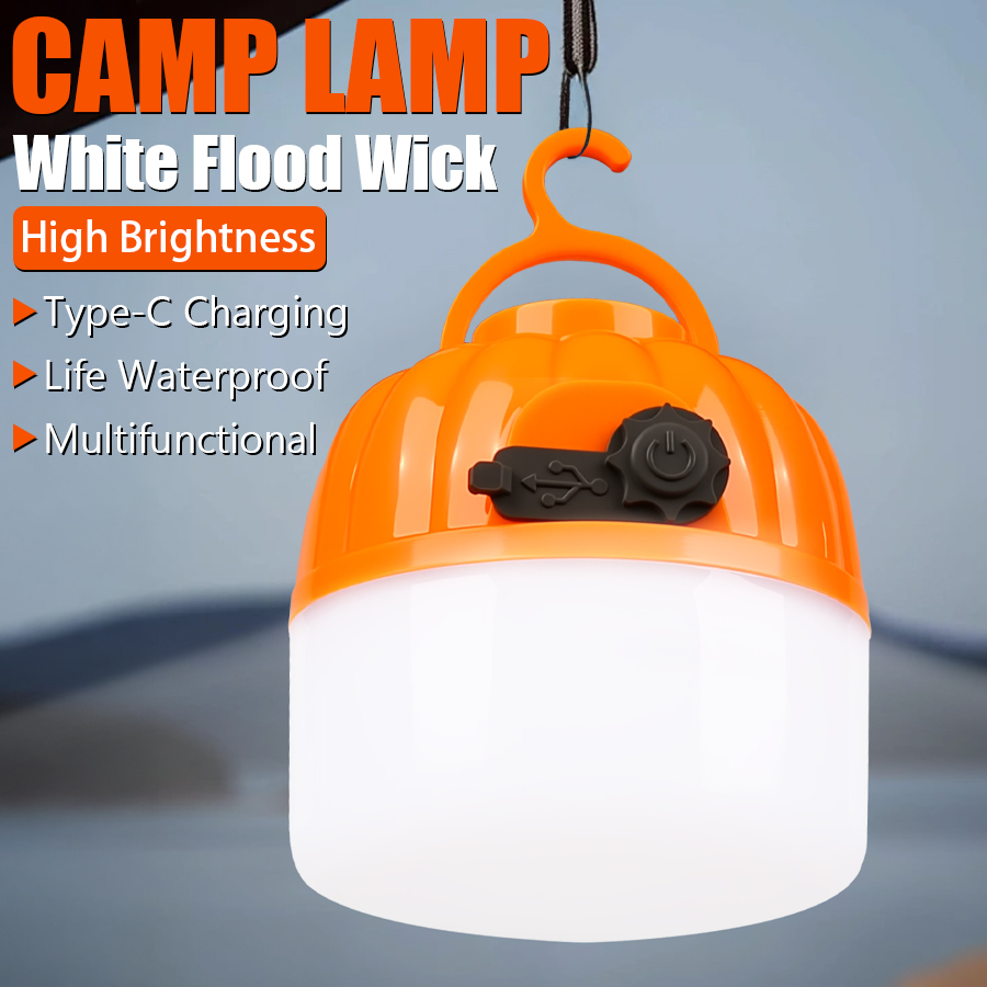 Mini Portable LED Camping Pumpkin Lantern 6500K Type-C Rechargeable Tent Light Strip Hook 4 Modes Emergency Floodlight Torch