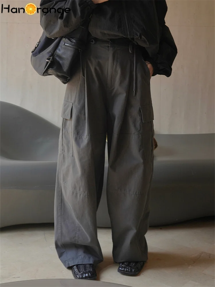 HanOrange 2024 Spring Leisure Trouser Cargo Pants Women Drawstring Loose Washed Wide Leg Pants Female Grey/Dark Gray Green