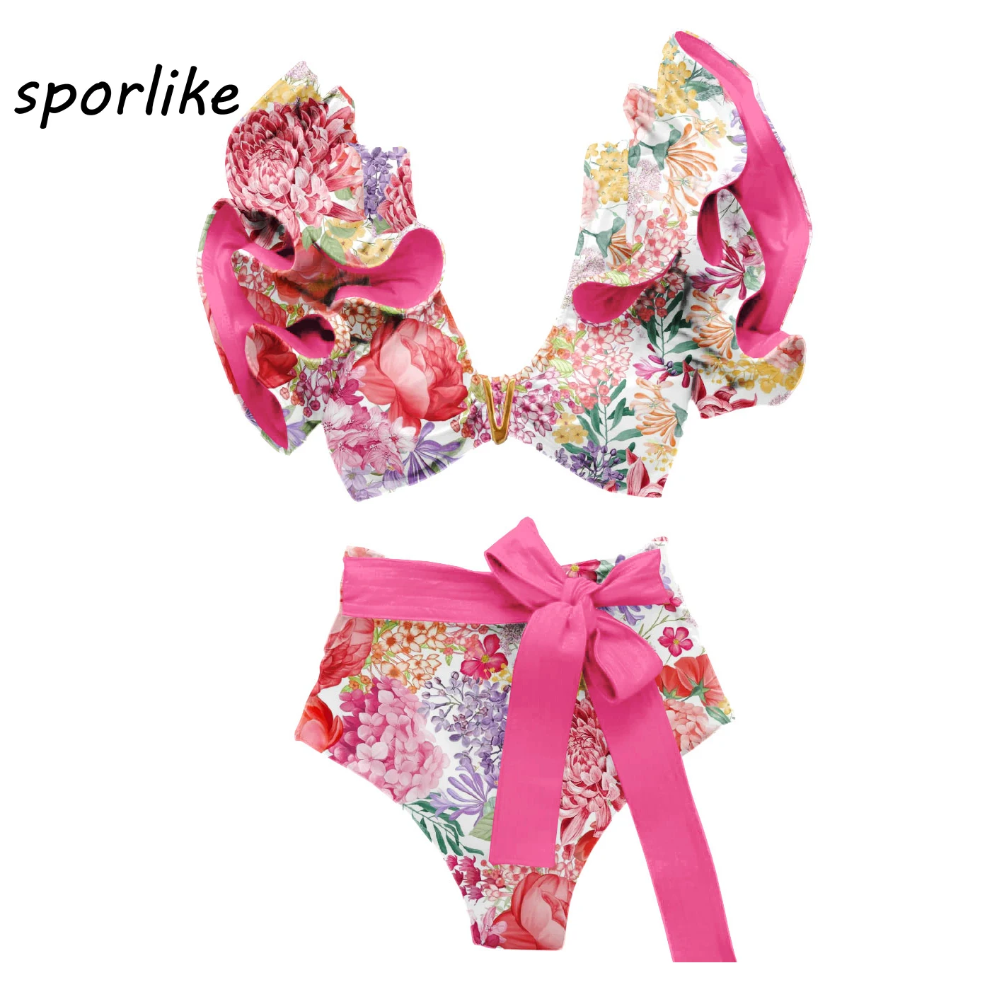 Sporlike V-Neck High Waist Bikini Sets Shoulder Ruffled Sexy Printed Swimsuit Two Pieces Swimwear Women women swimsuit women two piece sets