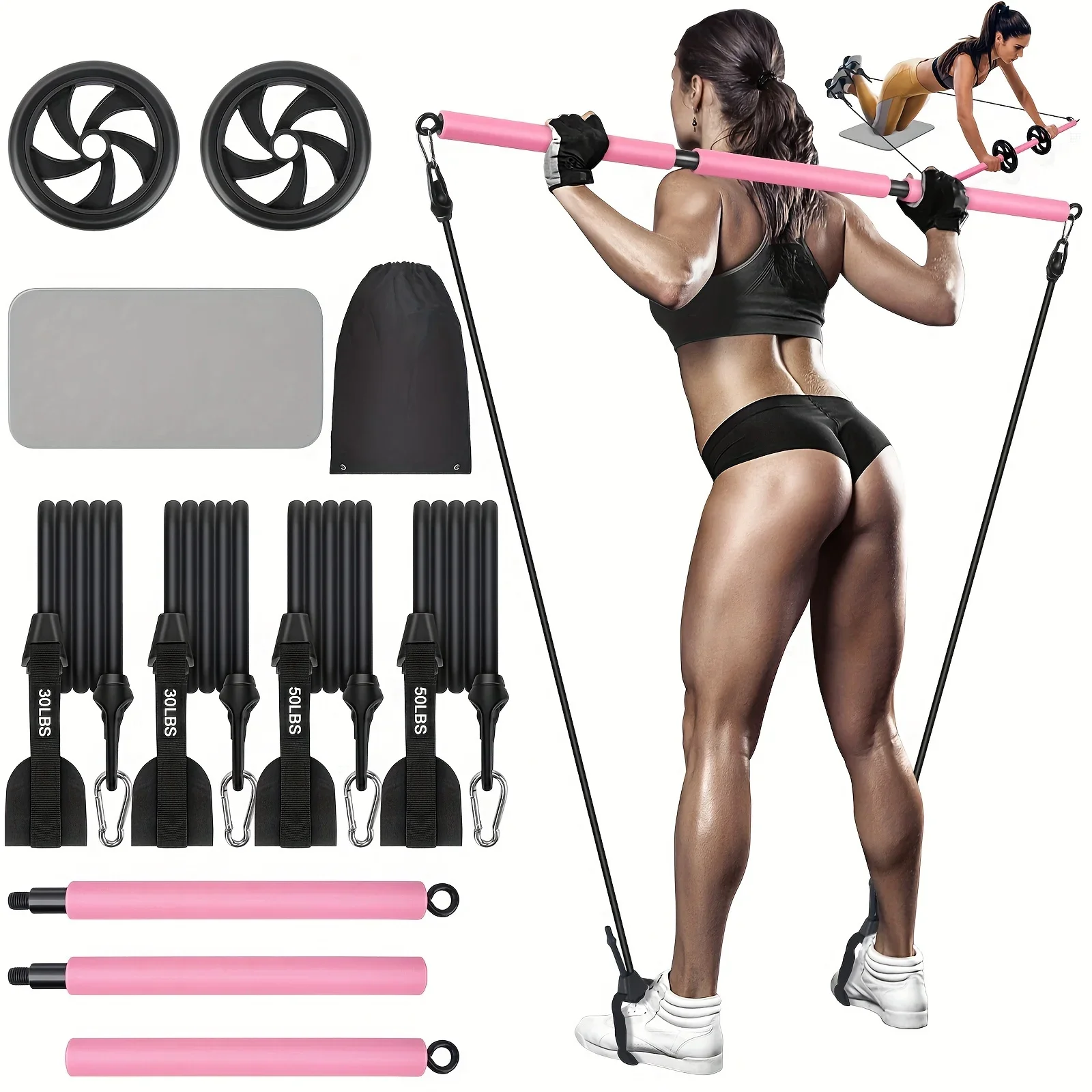 

Adjustable 3-Section Pilates Bar Kit with Ab Roller for Ultimate Core Workouts, Portable and Compact Pilates Bar with 4 Resistan