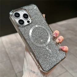 Electroplated Bling Glitter Rhinestone Magnetic Case with Wireless Charging Compatibility - iPhone 13 (Silver)