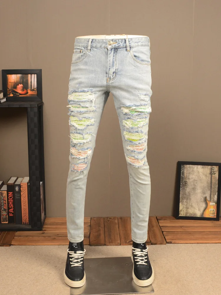 Light Color Hole Jeans Men's Motorcycle Fashion Scrape Design Stretch Slim Fit Skinny Patch Washed Distressed Men's Pants 2