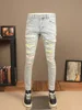 Light Color Hole Jeans Men's Motorcycle Fashion Scrape Design Stretch Slim Fit Skinny Patch Washed Distressed Men's Pants 2