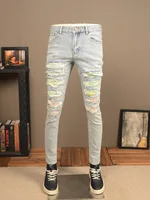Light Color Hole Jeans Men's Motorcycle Fashion Scrape Design Stretch Slim Fit Skinny Patch Washed Distressed Men's Pants 2