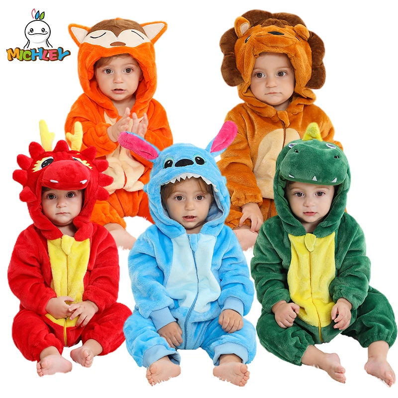 

MICHLEY Halloween Fox Baby Rompers Winter Hooded Flannel Toddler Infant Clothes Overall Bodysuits Jumpsuit Costume For Kids Bebe