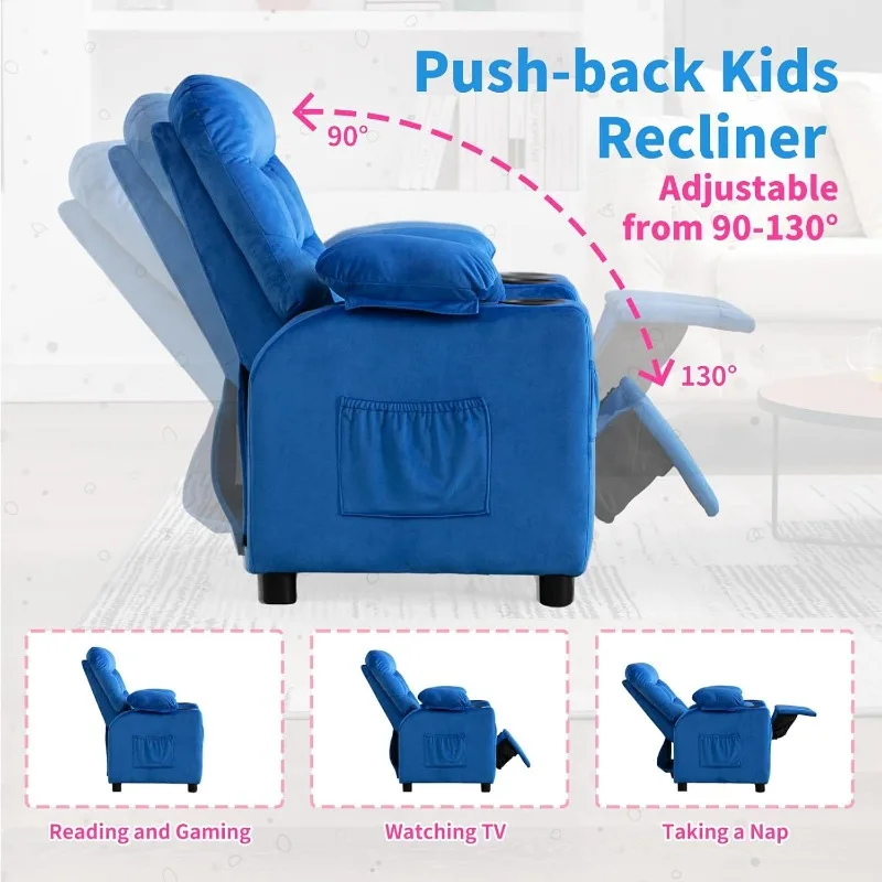 Kids Recliner Ergonomic Adjustable Velvet Lounge Chair with Footrest & Side Pockets Sofa for Boys Girls Bedroom (Navy) 4