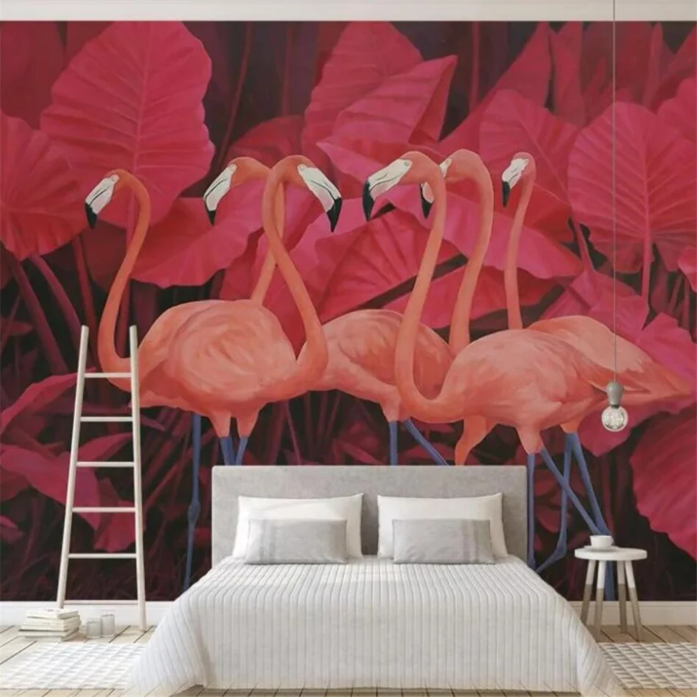 

Фотообои на заказ с изображением Юго-Восточной банановых листьев для гостиной, дивана, кровати, телевизора, большие фрески с фламинго, Настенная бумага, наклейки для домашнего декора