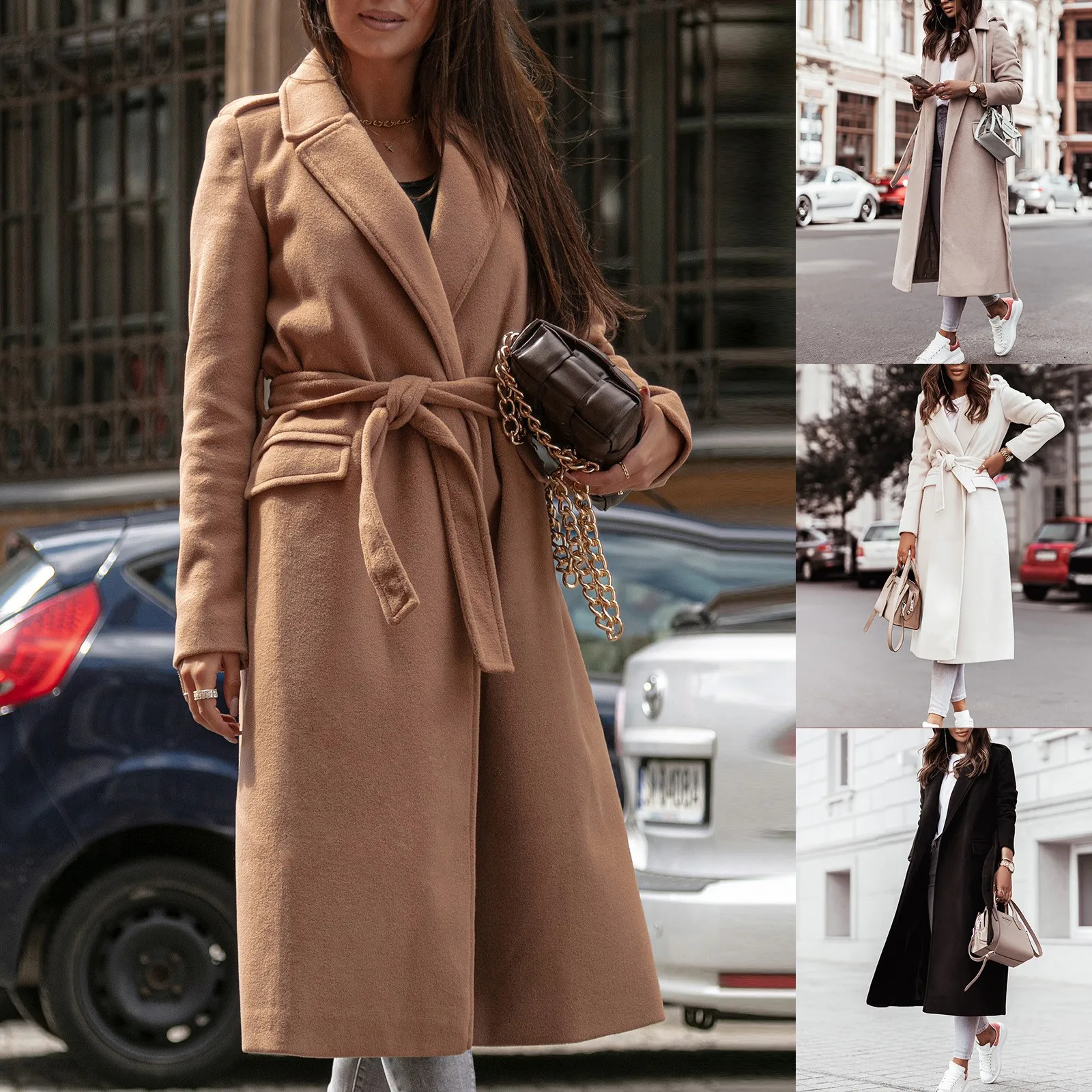 

Women'S Fashionable Winter Warm Coat Long-Sleeved Solid Color V-Neck Strap Woolen Coat Comfortable Soft Coat Abrigo Mujer