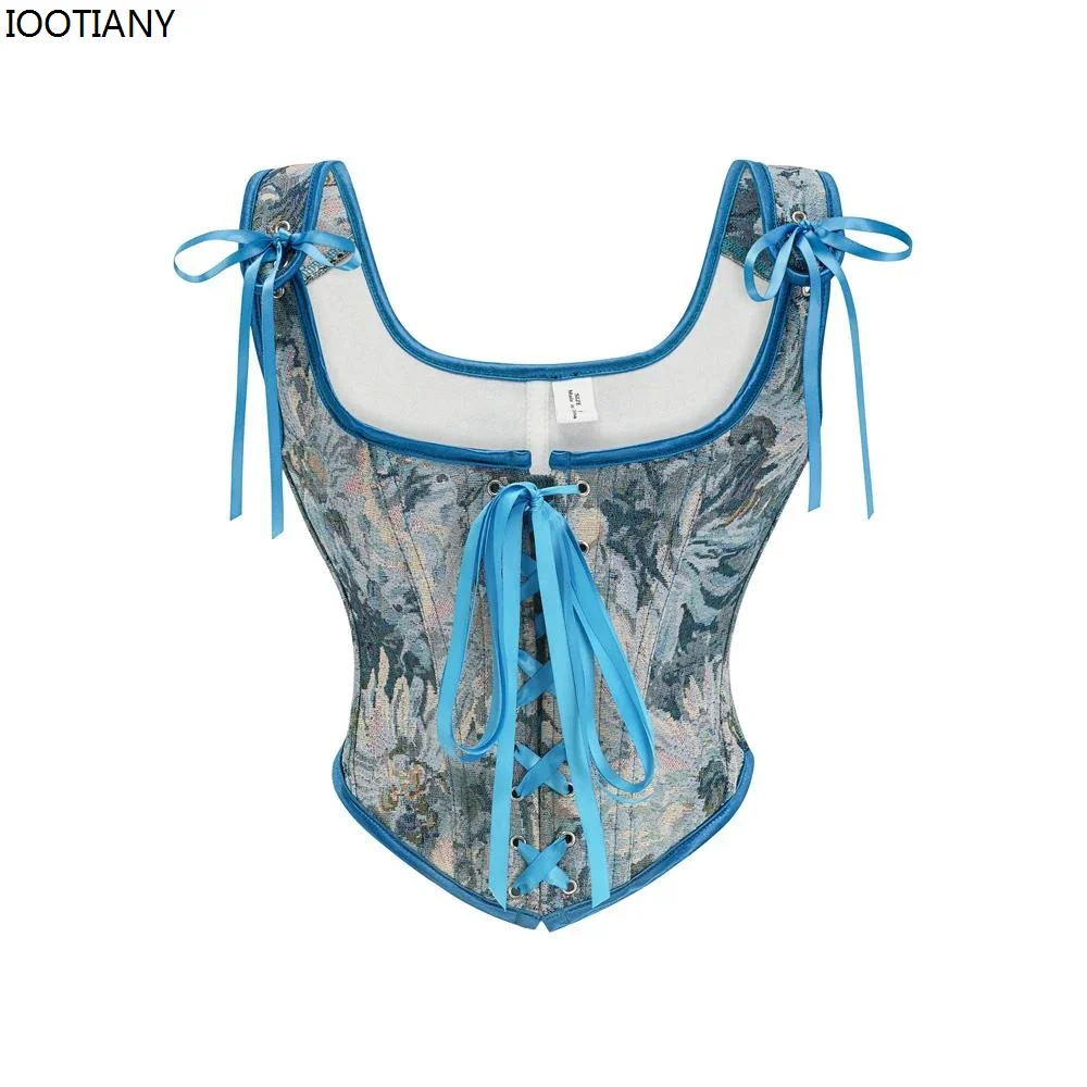 2024 French Style Front Strap Bra Retro Oil Painting Print Shapewear Lace-up Stacked Vest Victorian Party Corset For Women