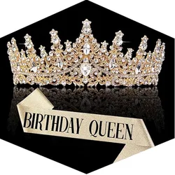 Elegant Rhinestone Queen Crown with Sash - Crystal and Gold Hair Accessory (Gold)