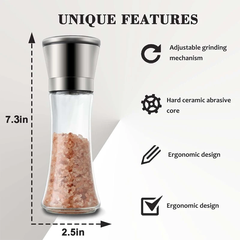 Pepper and Salt Grinder Set of Refillable Coarseness Adjustable Pepper Mill Shaker with Glass Body for Home Kitchen