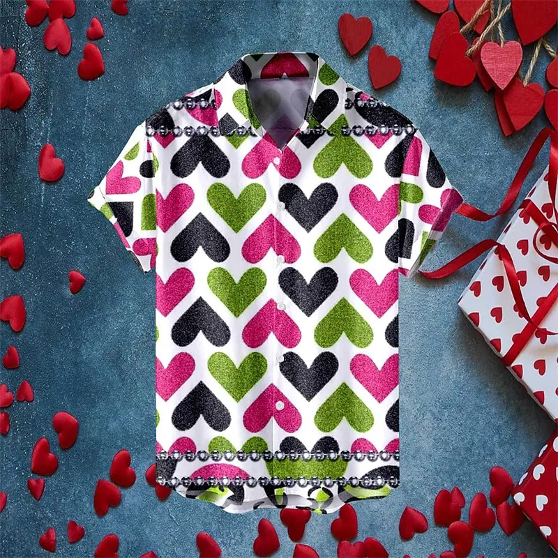 

2024Love Shirt Woman And Men Short Sleeve 3d Love Printed Lapel Tops Valentine's Day Clothing Summer Fashionshirt Female Blouses