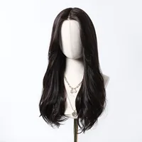 EASIHAIR Dark Brown Black Long Wavy Synthetic Lace Front Wigs with Long Bangs Daily Cosplay Party Women Lace Wig Heat Resistant 5