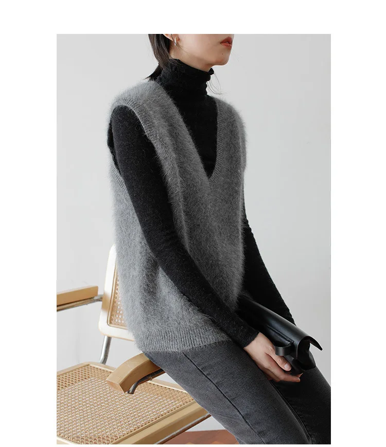 

Angora Soft 2024 Women 100% Mink Cashmere Sweater Fluffy Vest V-collar Waistcoat Loose Straight Sleeveless Oversize Vest C828