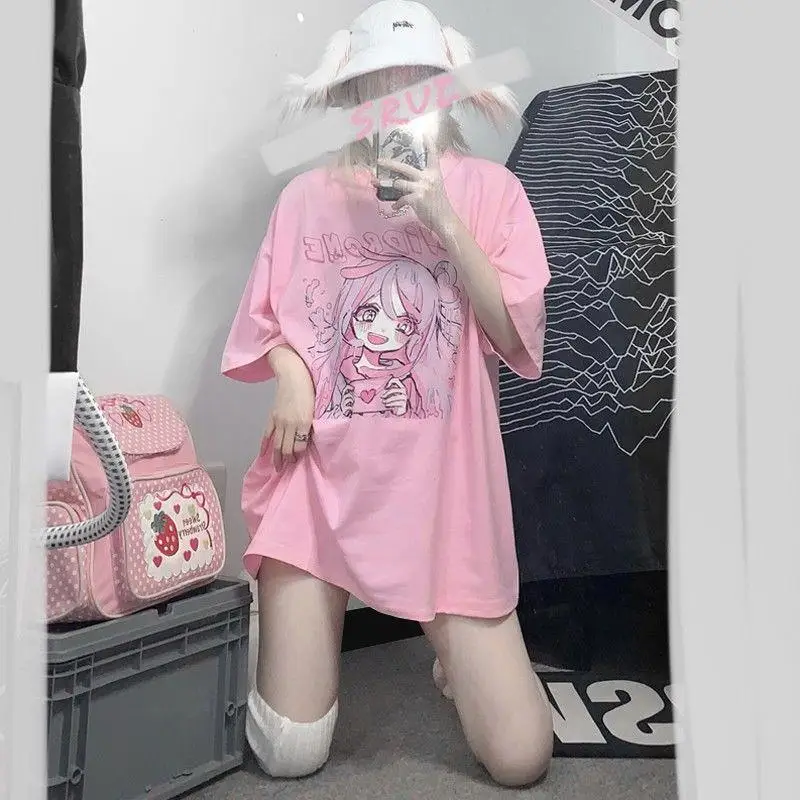 Y2K 애니메이션 귀여운 오버사이즈 캐주얼 상의, 펑크 o넥 반팔, 유니섹스 스트리트웨어 티셔츠, 여성 와일드 상의, 여름 패션