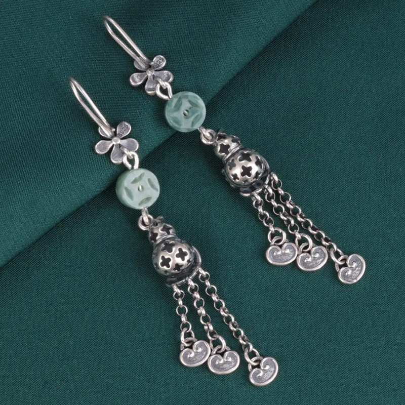 925 Sterling Silver Jade Small Flower Gourd Hanging Earrings Women Retro Ethnic Enamel Long Tassel Earrings Wholesale EH162