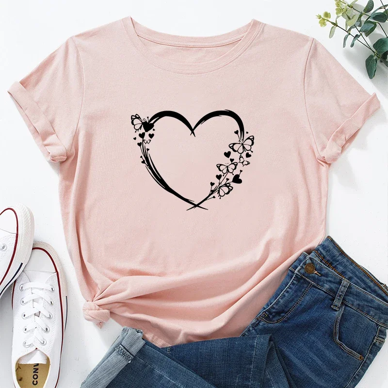 2025 sommer Heißer Verkauf frauen T-shirt Hohe Qualität 100% Baumwolle Oansatz Kurzarm Weibliche Casual Schmetterling Herz Druck Nette tees