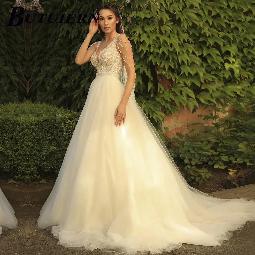 

COZOK Appliques Wedding Dress V Neck Lace Aline Bridal Gown Backless With Detachable Court Train Robe De Mariée Personalised