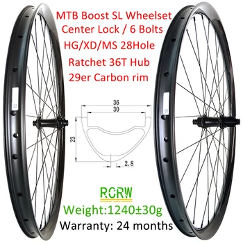 Set di ruote 29er MTB SL XC Boost Cerchione in carbonio largo 32/34/36 mm 23 mm di profondità 28 fori Boost 6 bulloni/mozzo con bloccaggio centrale Microspline Shima HG XD