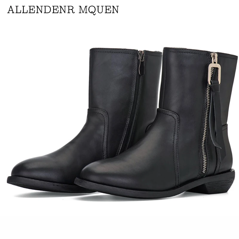 

Leather retro short boots women's autumn and winter thick heel flat bottom plus velvet large tube circumference large size