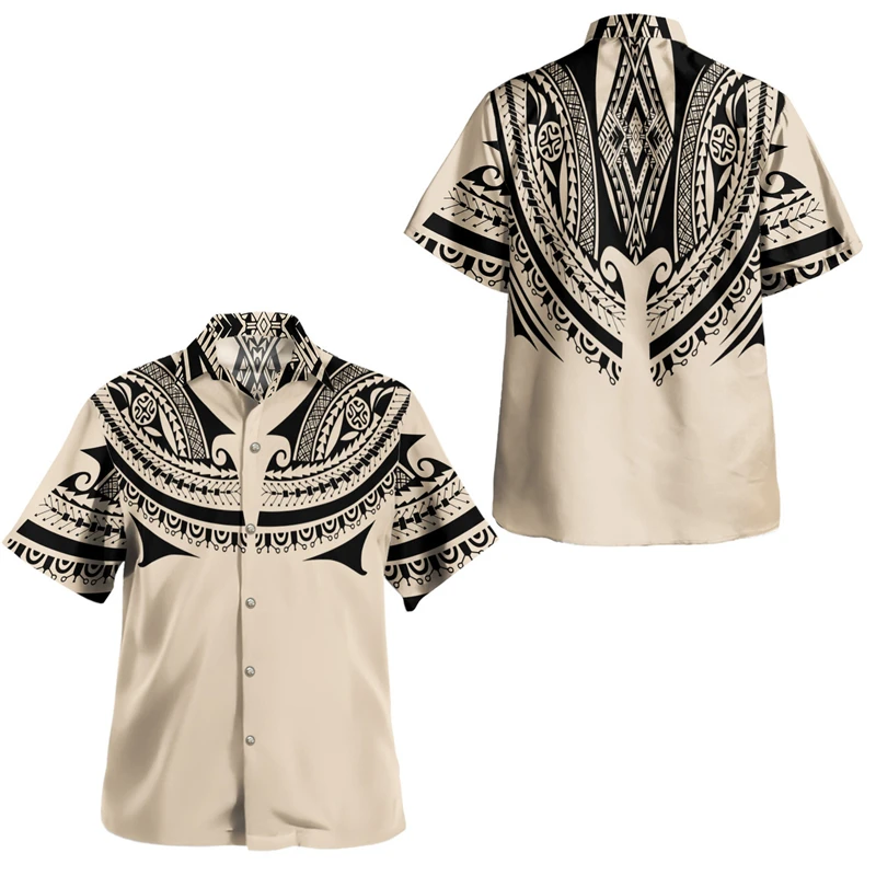 thumbnail image 1 of Camisa de playa de manga corta con estampado 3D para hombres, ropa tribal isleña polinesia, camisas casuales con botones para hombres, ropa, 1 of 5