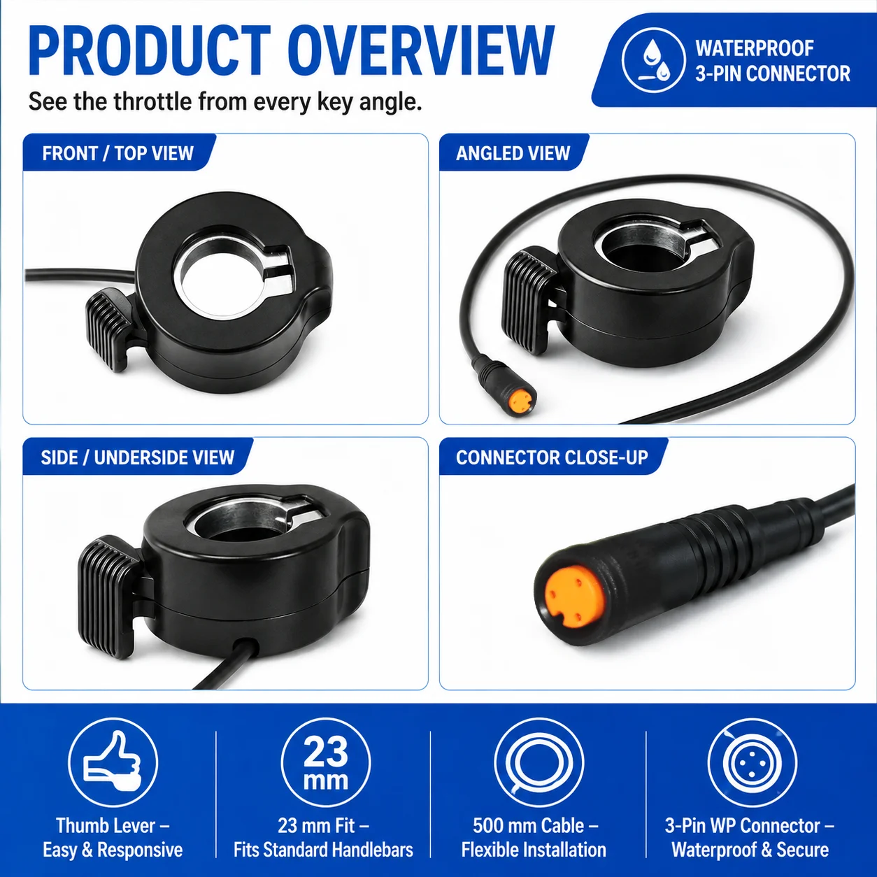 Waterproof Thumb Throttle Speed Control for Electric Scooters and E-Bikes