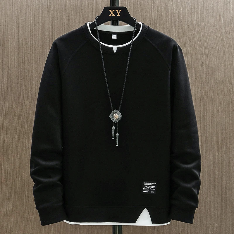 2024 Mens Casual Sweatshirts Harajuku Solid Color New Fashion Male Fake Two Pieces O-Neck Sweatshirt Hoodies Hip Hop Streetwear