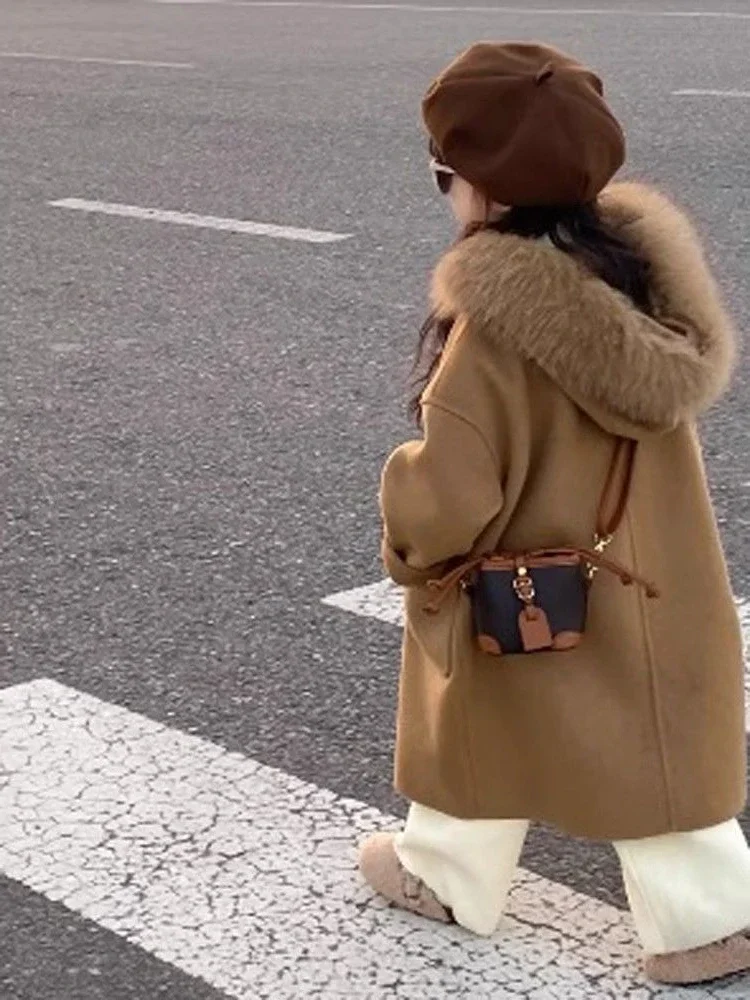 Girls Winter Coat Girls Outerwear Wool Korean Girls Hooded Woolen Collar Soild Overcoat Autumn Spring