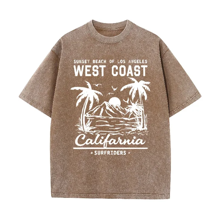 Palm Tree Graphic Slogan Black Round Neck Casual T-shirt