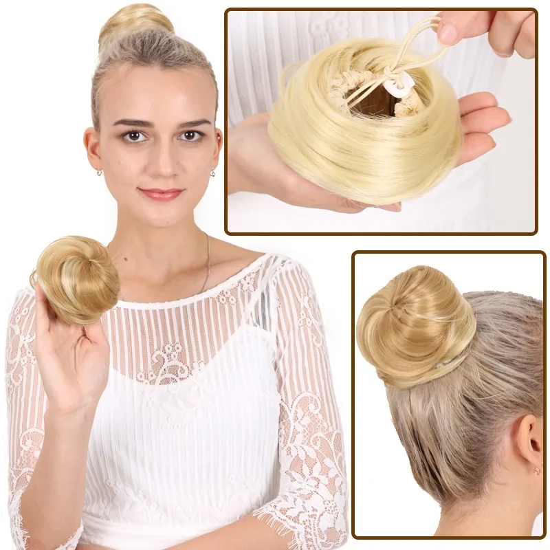 Straight Hair Bun Chignon Synthetic Hair Elastic Rubber Band Fake Bun Drawstring Pony Tail Extensions for Women