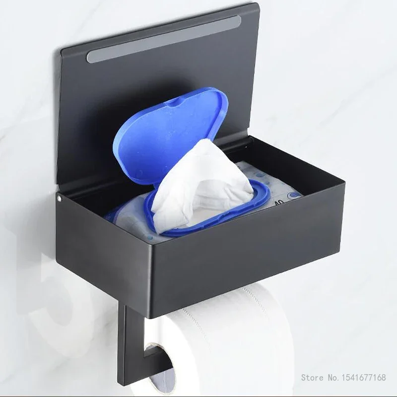 Stainless Steel Toilet Hanging Paper Holder Creative Light Luxury Household Bathroom Hotel, Multifunctional Black Tissue Box 1Pc