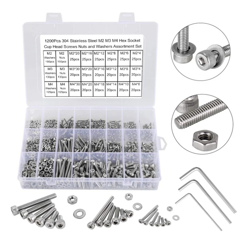 

1200 Pieces Of Stainless Steel Hexagon Flat Head Screws, Round Flat Head Bolts And Nuts Set And Washer Combination Set