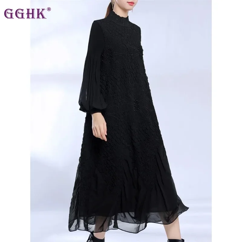 

Женское плиссированное платье GGHK Miyake, элегантное однотонное платье для выпускного вечера, свободное повседневное винтажное платье с круглым вырезом